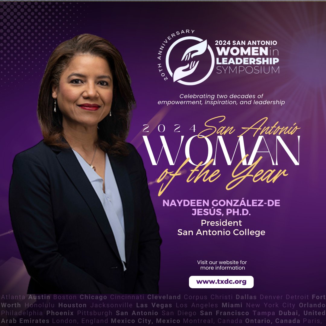 We are thrilled to announce Dr. Naydeen González-De Jesús as the 2024 San Antonio Woman of the Year awardee!

Join the celebration here: bit.ly/SAWILS24?utm_s…
#WILS2024 #SanAntonioWomanOfTheYear #txdc