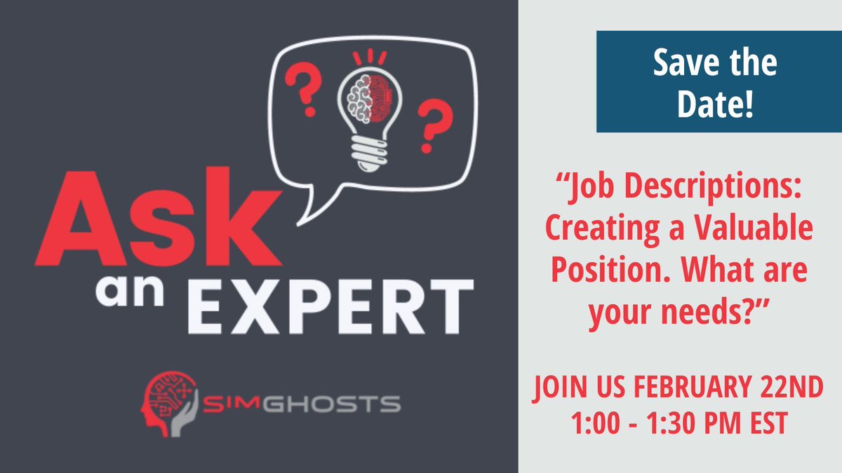 Mark your calendars and join us on Thursday, February 22nd at 1:00 pm EST for our Ask an Expert session on crafting job descriptions. Learn how to navigate the HR landscape and implement the SimGHOSTS Capability Framework: buff.ly/3wfPldw