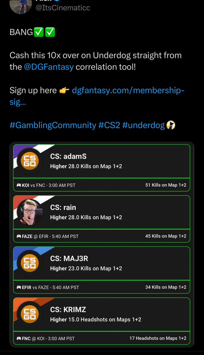 DGFantasy's tweet image. DGF community had a great Thursday!

We got a huge weekend of sports… 👇

🏒 NHL
🏀 CBB
🥊 UFC
🎮 eSports

Our tools show you all the best plays for these sports with the click of a button.

Check them out here: ⬇️
dgfantasy.com/membership-sig…