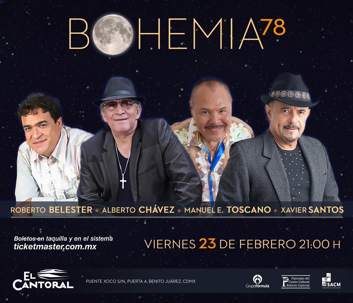 RevistaDArte's tweet photo. Cuatro maestros compositores harán vibrar el escenario con un concierto único este 23 de febrero a las 21 horas @elcantoral_ "Bohemia 78" #RobertoBelester autor de la canción nunca voy a olvidarte interpretada por Cristian Castro, #AlbertoChávez #XavierSantos #XavierSantos https://t.co/GIdVBX0yNV