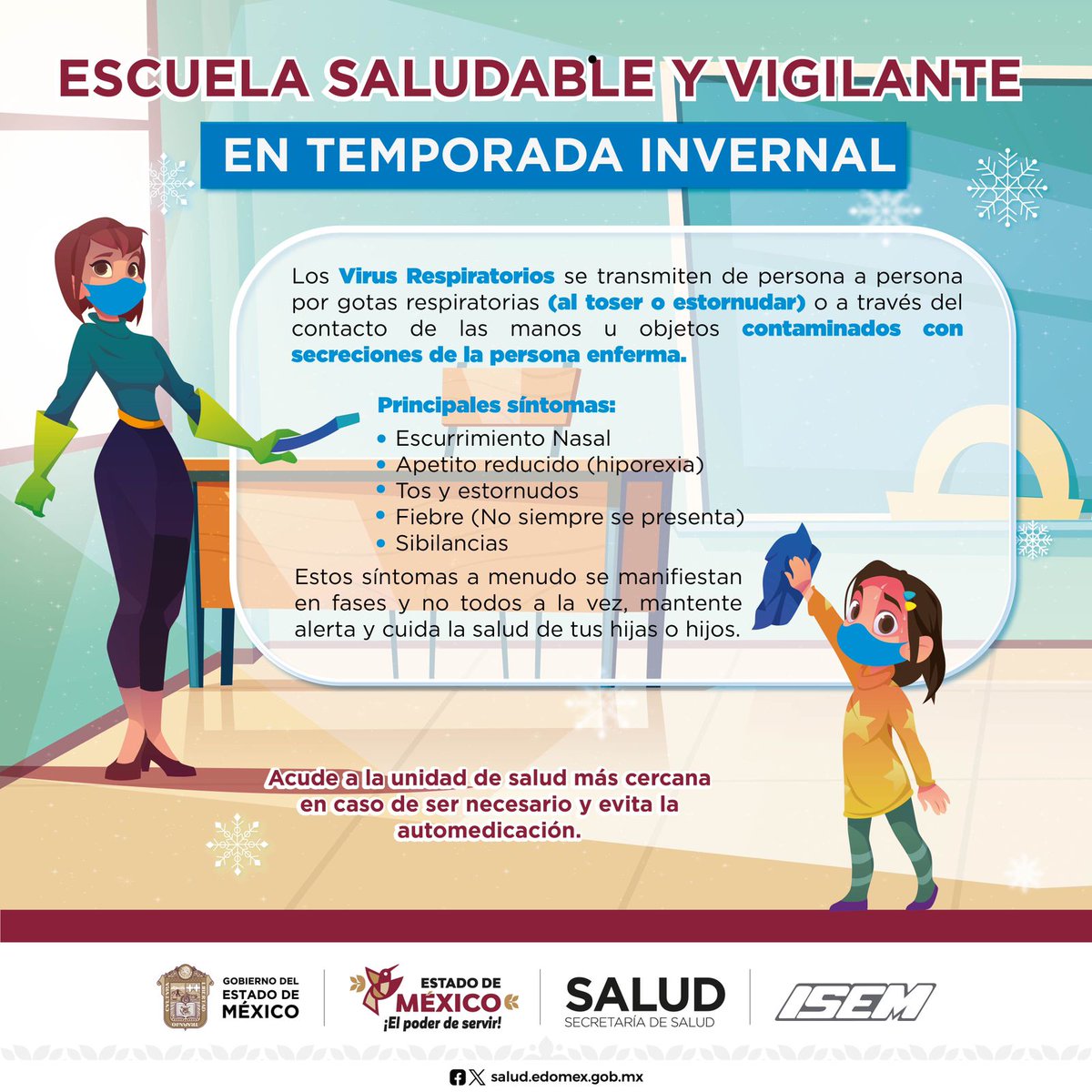 Mamá y papá es importante que ante cualquier síntoma de #EnfermedadRespiratoria en niños, acudas a la unidad de salud más cercana a valoración, ya que podría evolucionar a bronquitis o neumonía, lo que podría ocasionar hospitalización.
#Temporadalnvernal
#PrevenirEsSalud