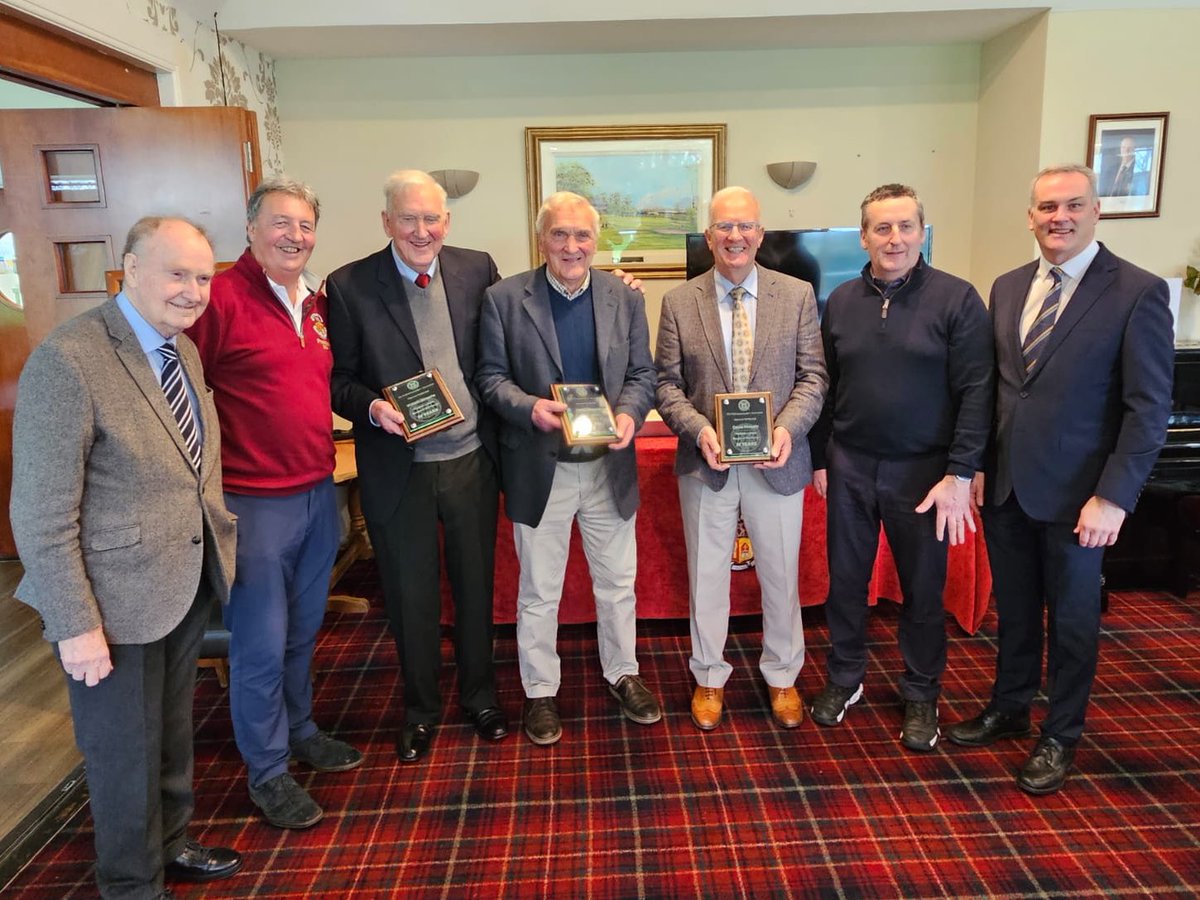 The kinsella brothers, Billy, David & Jimmy being recognised by The PGA for their long service as @PGA_Ireland Members, which collectively spanned over 180 years. Also present are author Dermot Gilleece, President Gerry Lloyd, Professional Bobby Kinsella & Conor Dillon PGA
