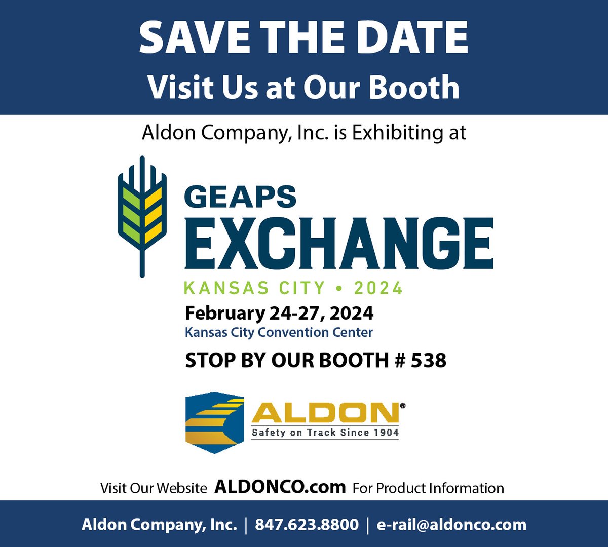 Get ready and join us! Aldon Company, Inc. is exhibiting at the 2024 GEAPS Exchange and hope you can join us in Kansas City, Missouri. Visit our booth 538, February 24-27. 
#GEAPS #aldoncompany #grainprocessing #grainindustry #safety #facilitymaintenance