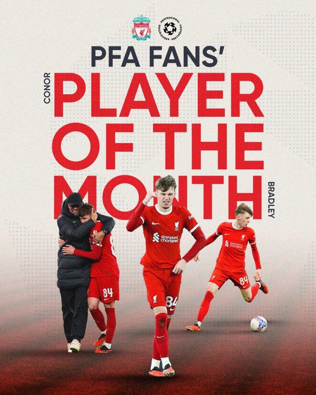 LFCApproved's tweet photo. Liverpool FC 👊

Jurgen Klopp - Manager of the Month
• 3 Games
• 3 Wins
• 12 Goals Scored
• Beat Newcastle, Bournemouth & Chelsea 

Diogo Jota - Player of the Month
• 3 Games (2 Starts)
• 3 Goals
• 2 Assists

Conor Bradley - Fans’ Player of the Month
• 2 Games
• 1 Goal
• 3 Assists
• Premier League Debut ✅ 

A clean sweep 🧹 for the Reds’ in January.