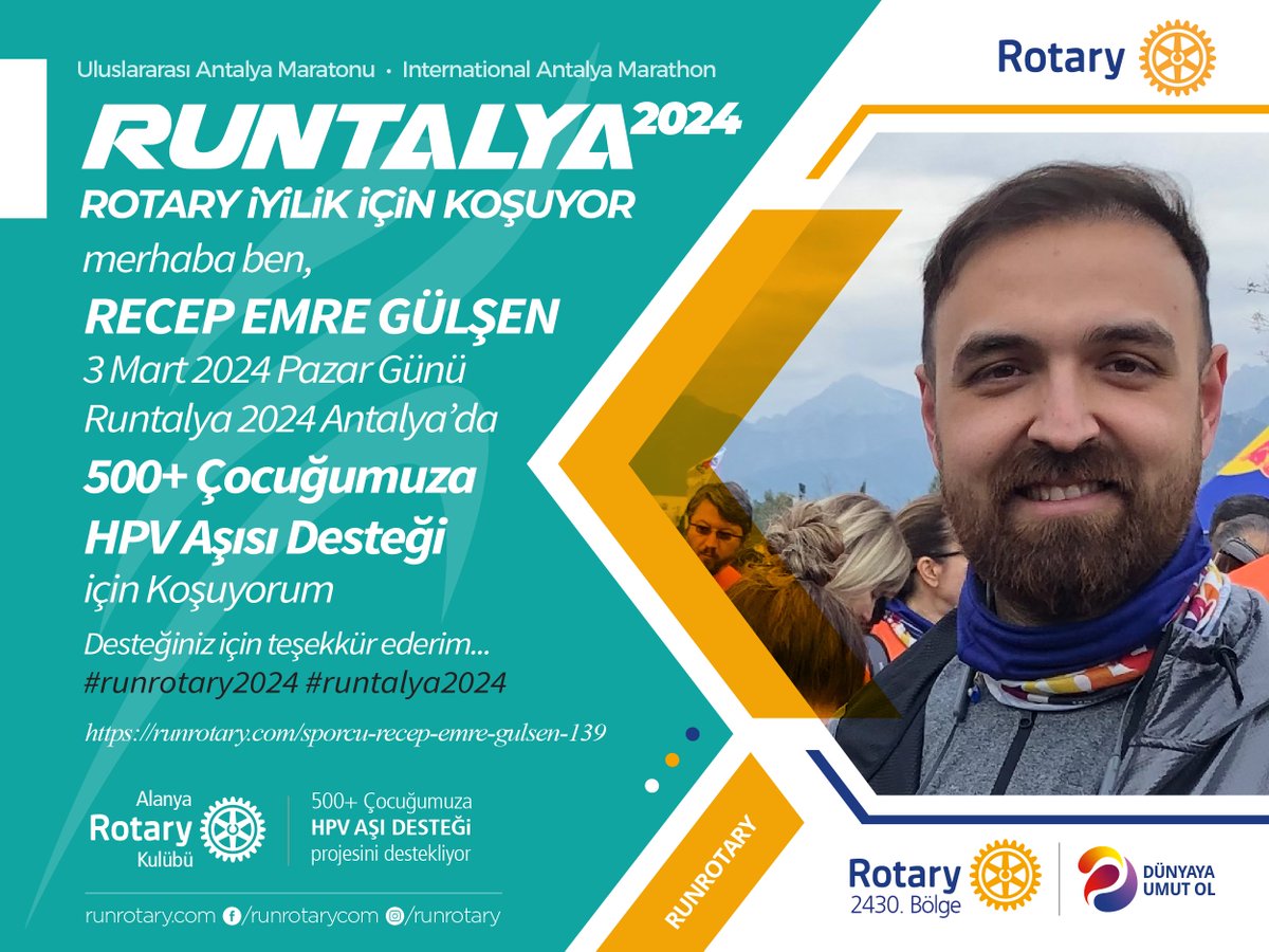 Runrotarycom's tweet photo. merhaba, ben RECEP EMRE GÜLŞEN,
ben de #runrotary projesinde 500+ Çocuğumuza HPV AŞISI DESTEĞİ için koşuyorum. Destekleriniz için teşekkür ederim.

Bağışlarınız için: https://t.co/JsIhPCNyr9

#runrotary2024 https://t.co/BCuqP1lytO
