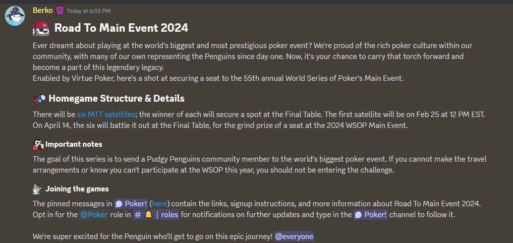 Berko_Crypto's tweet photo. Calling all Penguins!

We're sending a huddle member to the biggest poker event of the year. Full details are in the @pudgypenguins Discord. Sign up! https://t.co/n42Yv0IUSZ