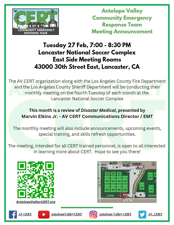 AV_CERT's tweet photo. Join us for the AV CERT February monthly meeting for a refresher on Disaster Medical. Hope to see you there!
#AVCERT #AntelopeValleyCERT #MonthlyMeeting #DisasterMedical #refresher #training #annoumcements #CommunityEmergencyResponseTeam #LancasterNationalSoccerComplex https://t.co/pr34CVhKao