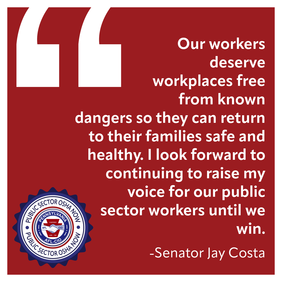 PaAFL_CIO's tweet photo. @Senatorcosta cares about providing good, safe jobs for all Pennsylvania residents. We look forward to working with him to fight for OSHA protections for public sector workers. #PublicSectorOSHA #PAAFL-CIO https://t.co/0zNPbQpOtj