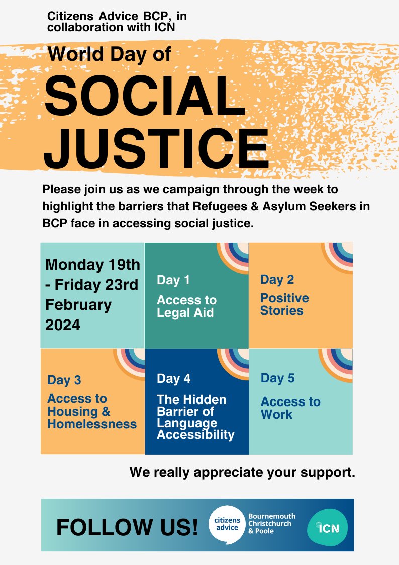 Next Week, <a href="/ICNBournemouth/">International Care Network 🧡</a> and <a href="/CitAdviceBCP/">Citizens Advice BCP</a> will be celebrating World Day of Social Justice! Please join us and follow along as we share more about the barriers that Refugees and Asylum Seekers are facing in our community.