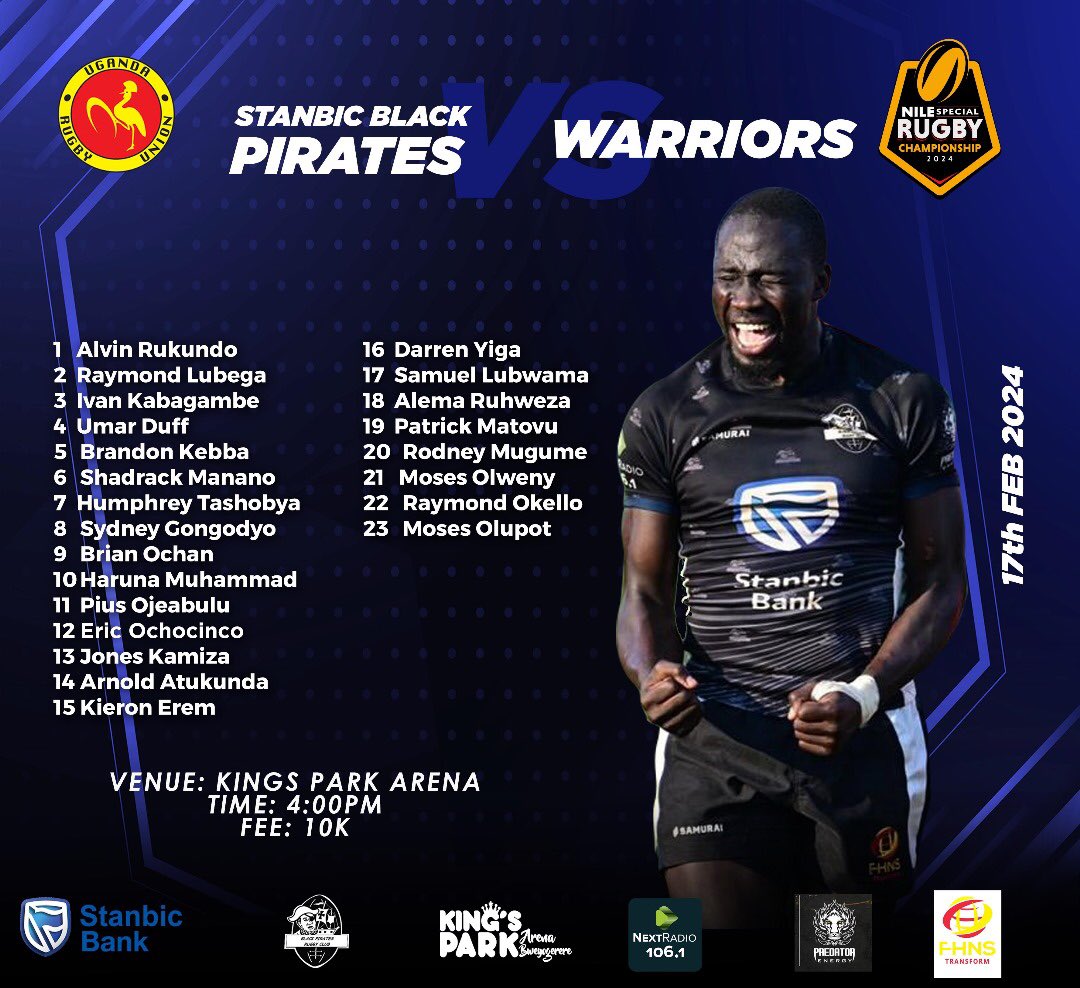 Game day 3 of the Nile Special Rugby championship. ▪️Nine changes from last week’s crew. ▪️Kieron gets a start at fullback ▪️ Kabagambe back in action ▪️ Haruna to lead the ship at Fly half position #NSRC2024 #StanbicPirates #PiratesStrong