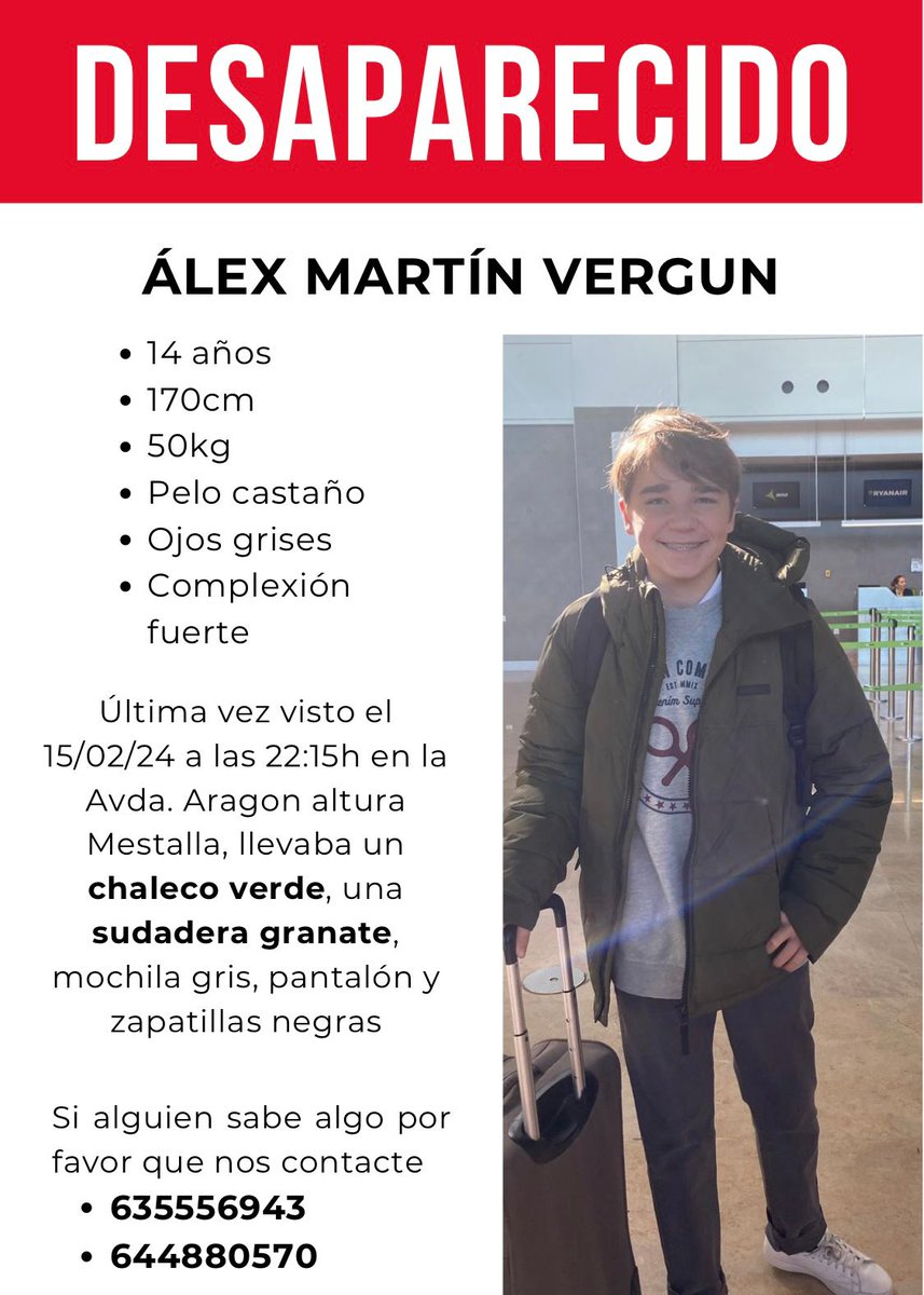 vtraver's tweet photo. Lamentablemente no es un bulo. Toda ayuda es poca para encontrarlo. Alumno de @elpilarvalencia visto ayer noche por última vez x zona Aragon . Please RT #desaparecido https://t.co/8QT8GhEE8Z