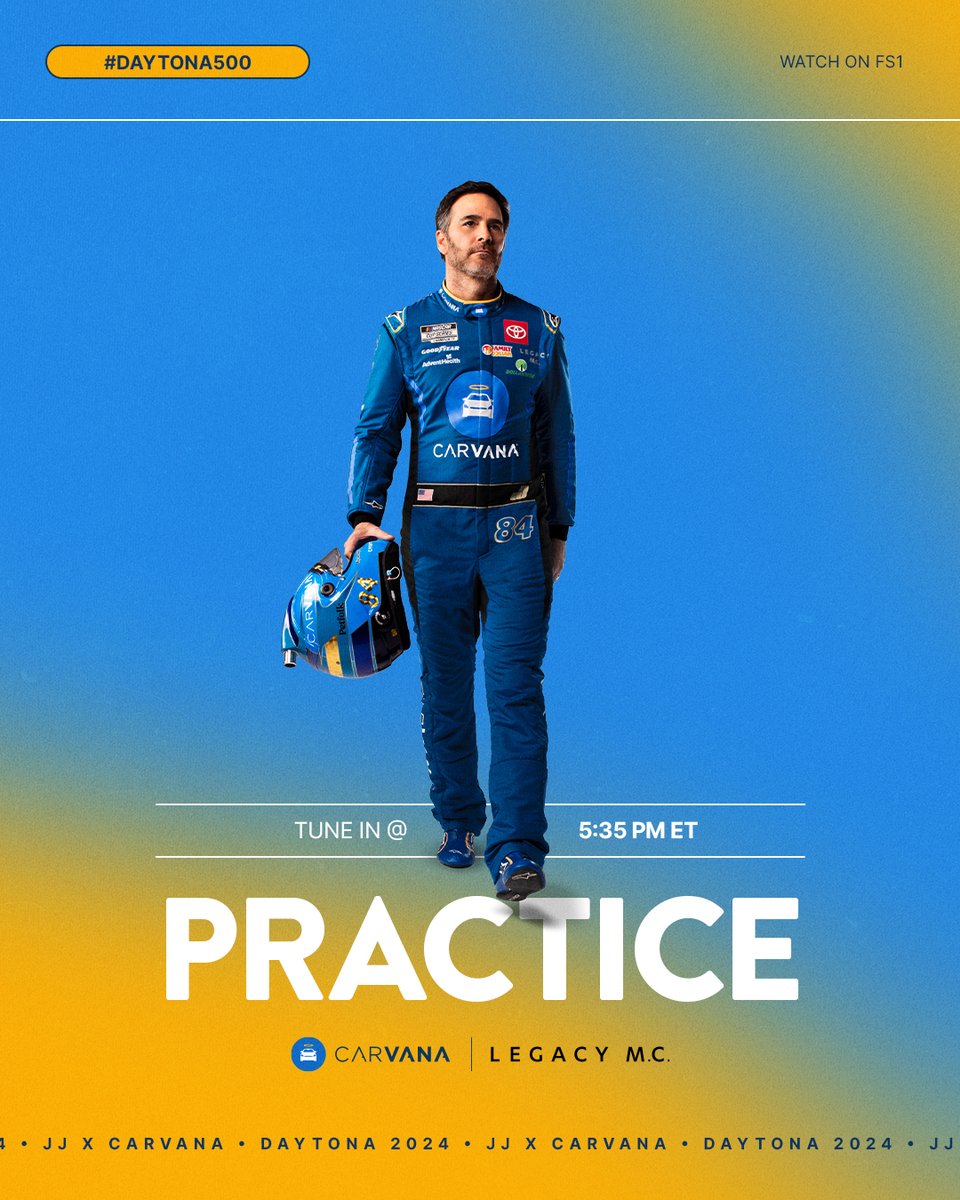 Speed, precision, and a whole lot of excitement!  Watch <a href="/JimmieJohnson/">Jimmie Johnson</a> in the #DAYTONA500 practice today at 5:35 PM ET on FS1. This is the warm-up for the big event: the 66th Daytona 500. Tune in! #NASCAR #JimmieJohnson #CARVANA