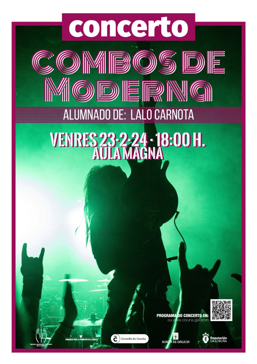 EMM_Coruna's tweet photo. O venres 23 de febreiro o alumnado de Combo de Moderna do profesor Lalo Carnota, darán un concerto na Aula Magna a partir das 18:00 horas.
Na nosa web https://t.co/zg9oJoioRZ , deixámosvos o programa, para que volo poidades descargar.
#emmc #coruña #concierto https://t.co/MoSgKvLEbw