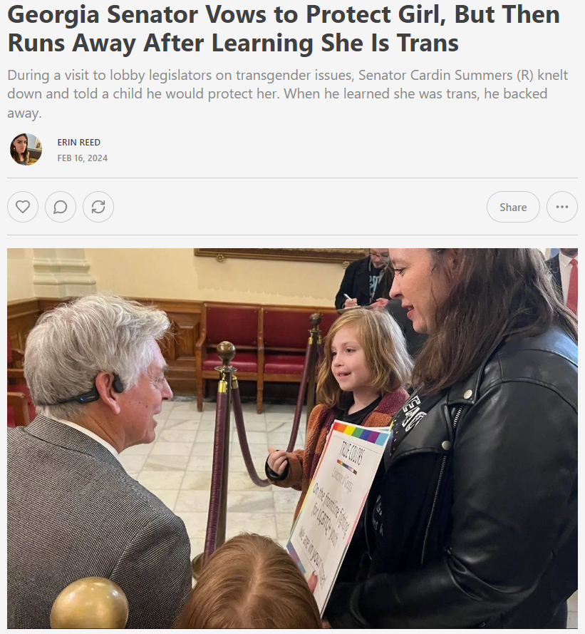 ErinInTheMorn's tweet image. 1. During a visit to lobby legislators on transgender issues, Senator Cardin Summers (R), author of the state's bathroom ban bill, knelt down and told a child he would protect her. 

What he didn't realize, however, is that child was trans.

Subscribe to support my work.