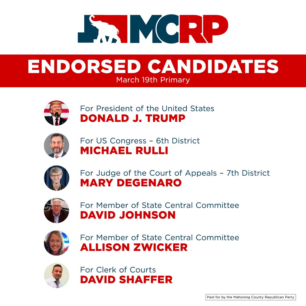 MahoningGOP's tweet photo. We are proud to endorse the following candidates for the March 19th primary election! https://t.co/aI6aOG1D5g