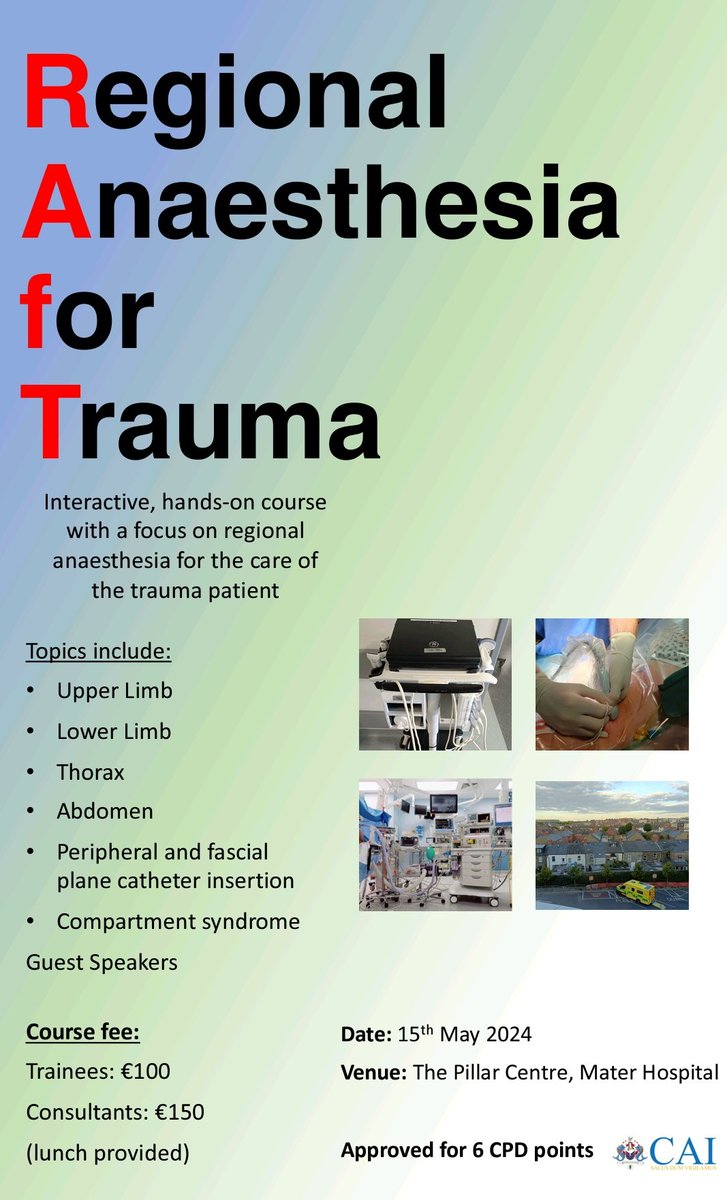 We’re looking forward to hosting the Regional Anaesthesia For Trauma course @ThePillarDublin @RLH_RAfT on May 15th 2024. You can sign up by emailing raft@mater.ie to register your interest.