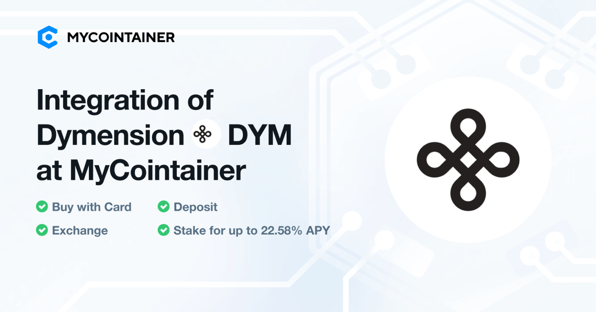 Get your hands on @dymension coins effortlessly through the #MyCointainer! 🚀 💰 Acquire $DYM with ease using a card or by trading in $BTC, $USDT, and $EUR pairs. 💸 Earn while you hold up to 22.58% APY Visit mycointainer.com and start earning now!