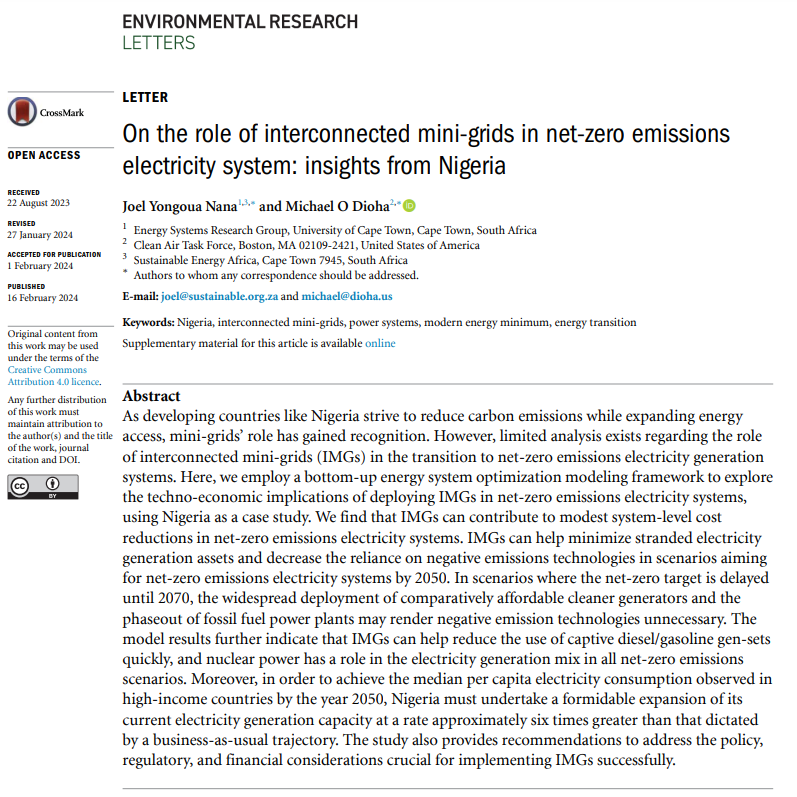 My recent co-authored study examines the role of interconnected mini-grids (IMGs) in net-zero emissions energy systems. IMGs can help minimize stranded generators and decrease the reliance on captive diesel gen-sets. Ihttps://iopscience.iop.org/article/10.1088/1748-9326/ad259f