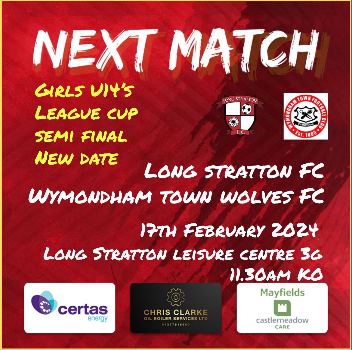 Big game tomorrow for the @longstrattonfc under 14 girls. 11:30 kick off at the Long Stratton leisure centre Swan Lane if you want to cheer the girls on. 👏👏