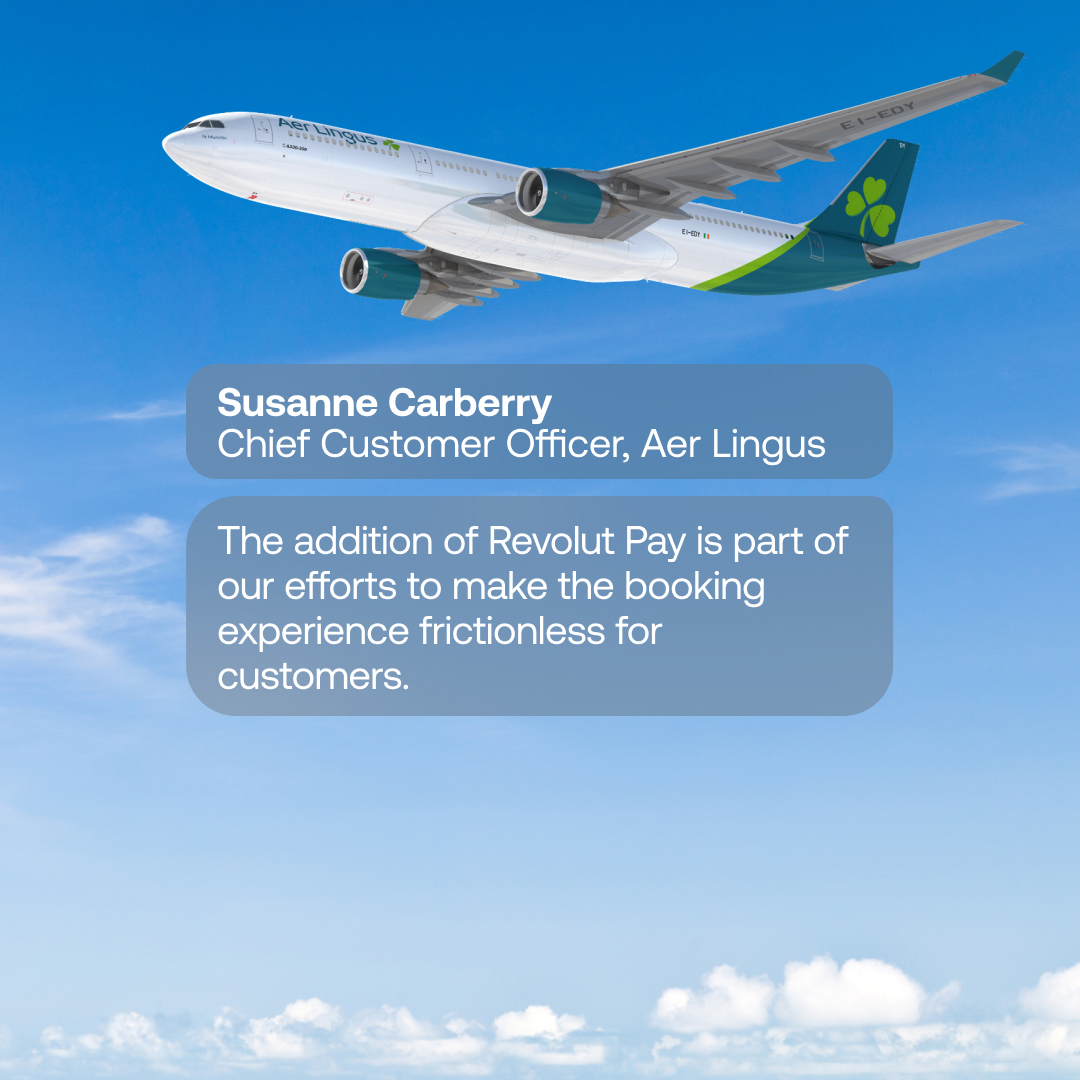 Looking for a first class payment method for your online business? @AerLingus uses Revolut Pay to provide a speedy and secure checkout experience and sky high customer satisfaction ✈️