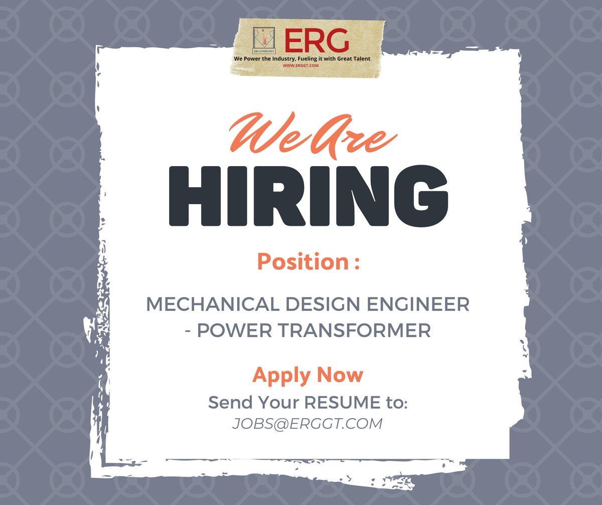 GlobalErg's tweet photo. #JobTitle: Mechanical Design Engineer - Power Transformer
#JobType: Full-time
Send your #resume to JOBS@ERGGT.COM

#mechanicalengineering #mechanicalengineeringjobs #mechanicaldesignengineer #mechanicaldesign #mechanicaldesigner #transformers #usajobs #jobsinusa https://t.co/FnKf5d8mOA