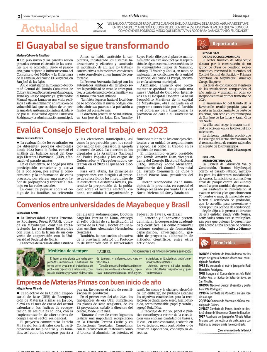 DiarioMayabeque's tweet photo. Nuestro #DiarioMayabeque se complace en compartir con sus lectores la edición No. 6 de este 2024. Para #QueNadieQuedeAtras
#JuntosPorMayabeque. https://t.co/uU08sLRELB