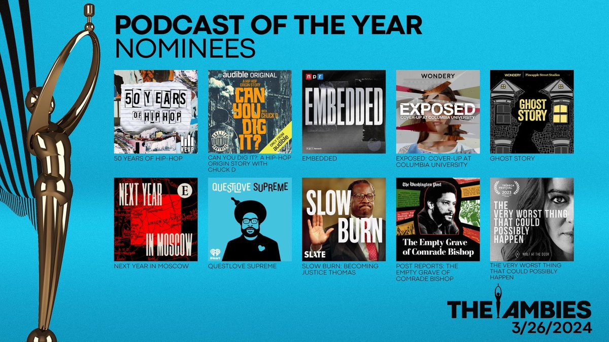 Announcing the much-anticipated nominees for Podcast of the Year at #TheAmbies 2024! 🎉 Get ready to discover the outstanding shows that captivated audiences throughout the year! 🎙️

#podcastawards <a href="/kexp/">kexp</a> <a href="/amazonmusic/">Amazon Music</a> <a href="/WonderyMedia/">Wondery</a> <a href="/washingtonpost/">The Washington Post</a> <a href="/ApplePodcasts/">Apple Podcasts</a> <a href="/Spotify/">Spotify</a>