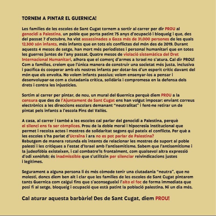 📣 Us convoquem
📅 Dissabte 17 de febrer
⏰ A les 12h
📍Plaça d’Octavià. Sant Cugat del Vallès

Concentració per dir PROU AL GENOCIDI A PALESTINA.🇵🇸
Entre totes tornarem a pintar el Guernica que el govern municipal va fer despenjar.
Les escoles, ni es bombardegen ni es censuren.