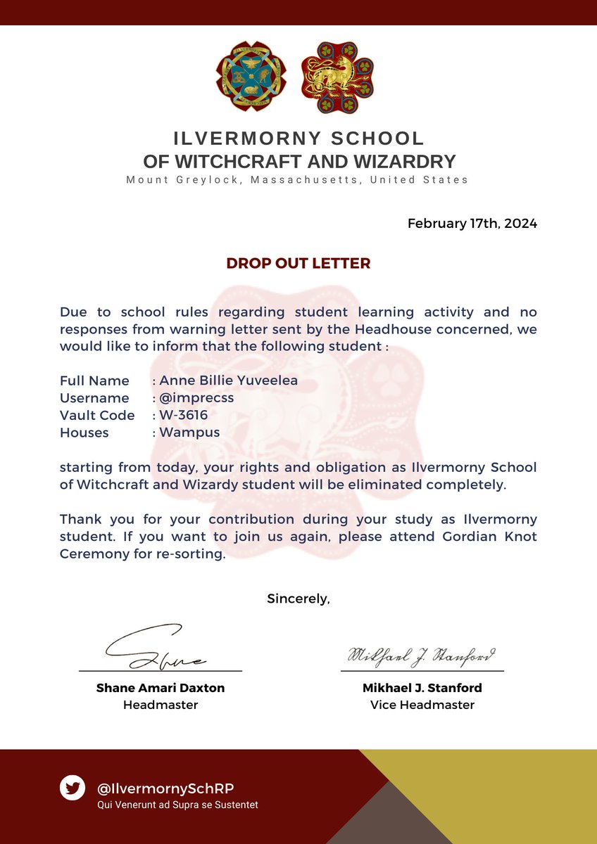 📅 17/02/2024

Uname  : <a href="/imprecss/">𝐀𝐁𝐘.</a>
VC           : W-3616
Status   : Dropped Out 

Cc. <a href="/MrDaxton/">Shane.</a>, <a href="/Prof_Stanford/">Stanford</a>, <a href="/WampussCage/">Wampus</a>, <a href="/ProfsFelicia/">Felicia</a>, <a href="/hikgruev/">Hika(dut)</a>, <a href="/ILVRGringotts/">Gringotts Bank of Ilvermorny</a>, <a href="/ILVR_Wandshop/">MADAME? BEAUVAIS!</a>, <a href="/ILVR_Petshop/">Nene-chan.</a>.