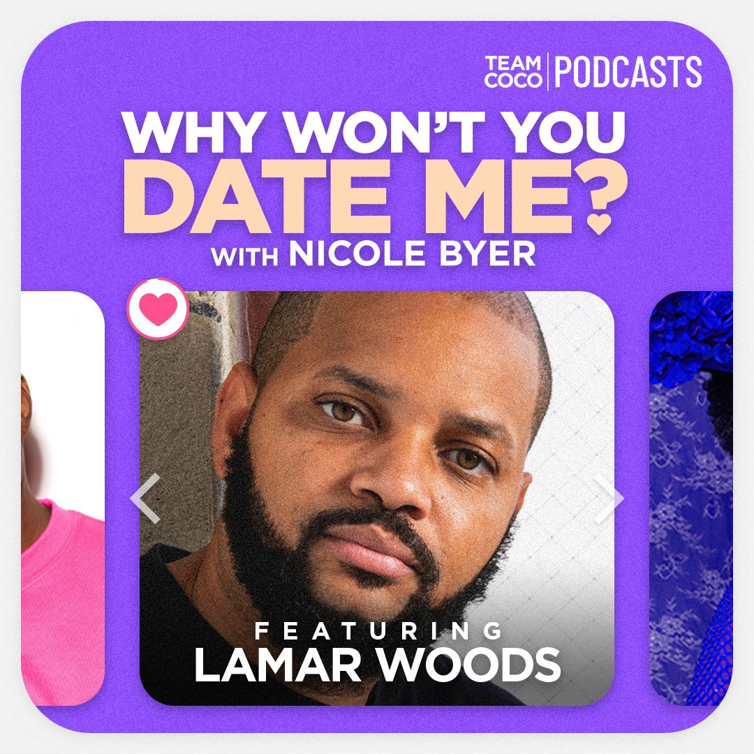 TeamCoco's tweet photo. Today on #WWYDM comedian Lamar Woods joins @NicoleByer to discuss their 2024 vision boards, taking yourself on self care dates, the best ways to manage anxieties while dating, and more. Listen: https://t.co/lRPK4gsmWt https://t.co/oo6JpVQnGU