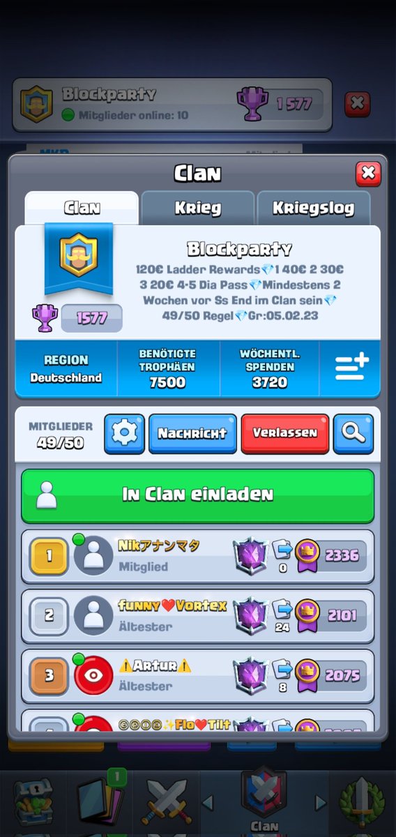 Ihr seid aktiv, versucht immer das bestmögliche Finish herauszuholen und wollt dafür belohnt werden. Dann joint Blockparty für 120€ Ladder Rewards. Spätestens Montag 10 Uhr müsst ihr im Clan sein💎✌️