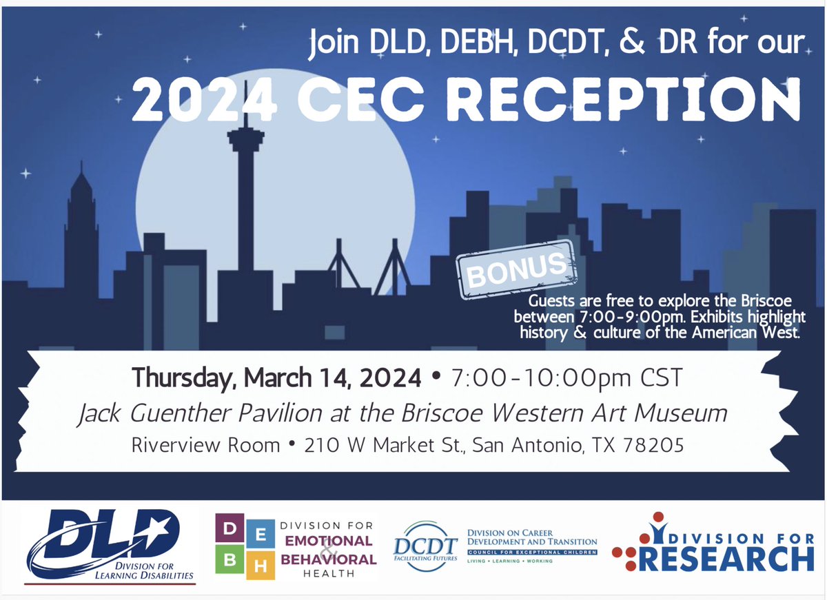 Join us for a fun @CECMembership party in San Antonio at #CEC2024 @TeachingLD @CECDResearch @DEBHmembers + @DCDT_CEC are hosting our reception on March 14th at 7pm🍻 🍷