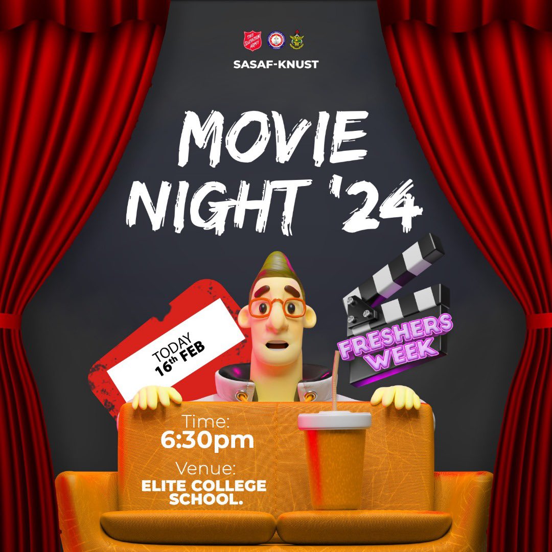 sasafknust's tweet photo. It's Movie night today. As part of the Freshers week 24", we'll be watching a very interesting and inspiring movie.
Venue: Elite College, Ayeduase
Time: 6:30 pm 

You cannot miss this, so tell a friend to tell a friend 💃

Occupy!...Till I come!

#freshersweek24 https://t.co/iXL0hMwqmq