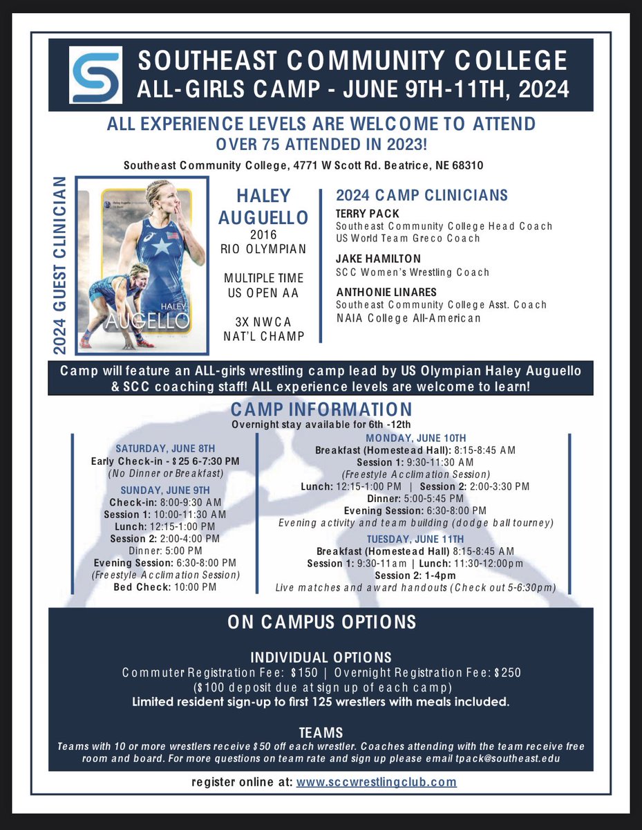 🚨ALL-Girls Camp Announcement! 🚨

We had over 75+ attend last years all-girls camp here at SCC! 🤼‍♀️ 
Commuter & On-Campus options are available!
ALL skill levels are welcome to attend! 
🗓️6/9- 6/11
📍Beatrice, NE

#CampSeason #NJCAA #WrestleLikeAGirl