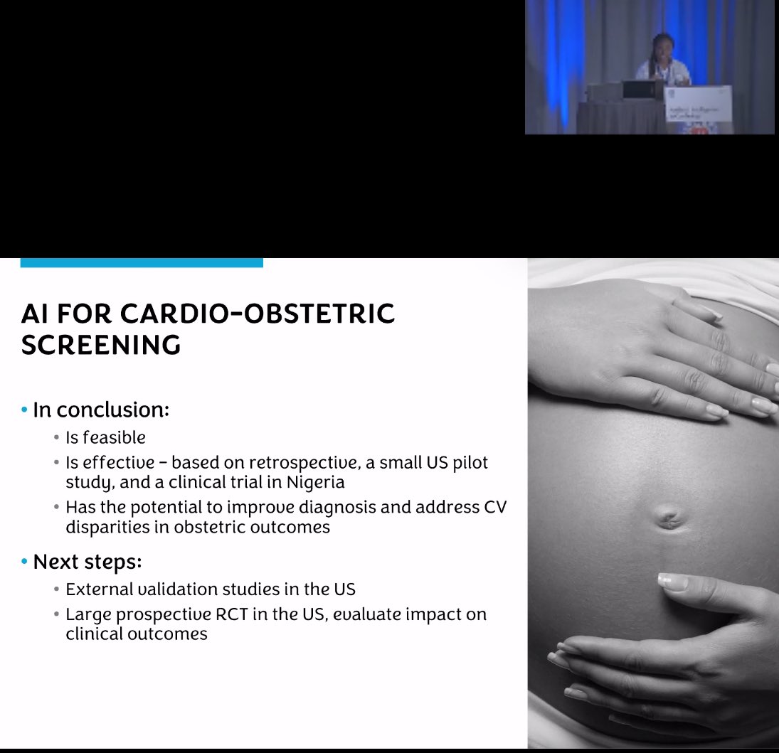 Outstanding presentation by Dr Adedinsewo on the potential and applicability of AI to address health disparities in obstetrics outcomes! #AICARDIOLOGY2024 @DemiladeMD @TheRhythmDoc @MelissaLyleMD