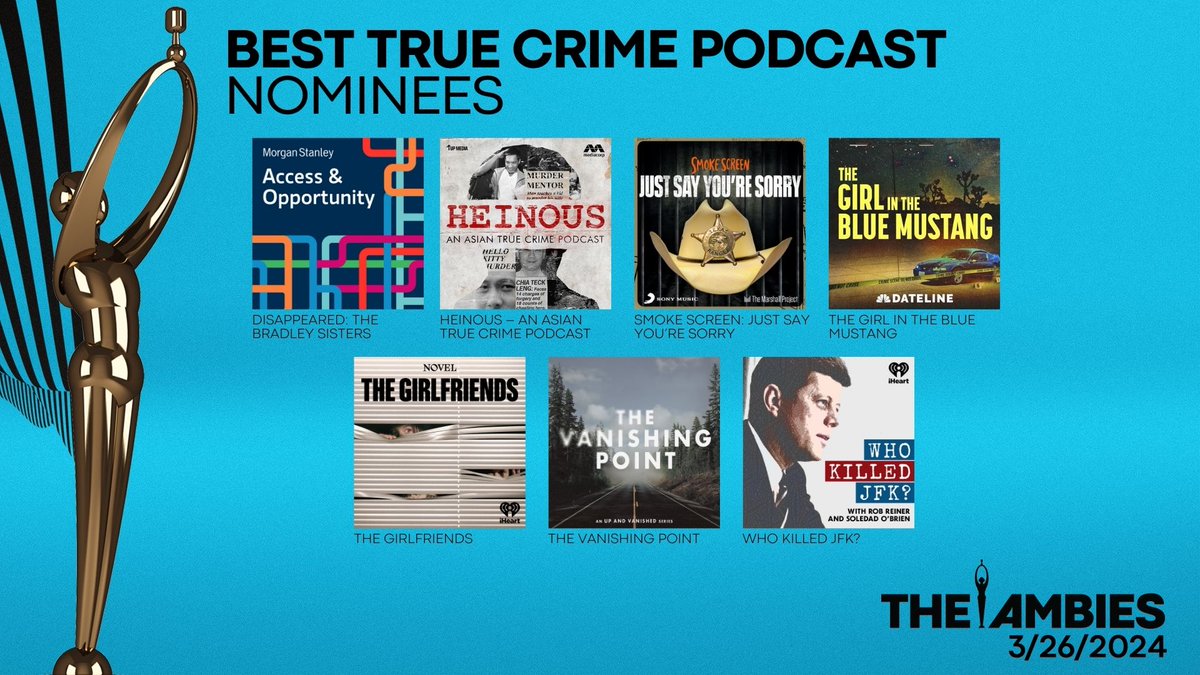 podcastacademy's tweet photo. Presenting the nominees for Best True Crime Podcast! Wishing all the nominees the best of luck! 🎉

 #TheAmbies #podcast #awards @Spotify @ApplePodcasts @NovelPodcasts  @iHeartPodcasts @MarshallProj @vanishing_point https://t.co/UzbwUVfMwk