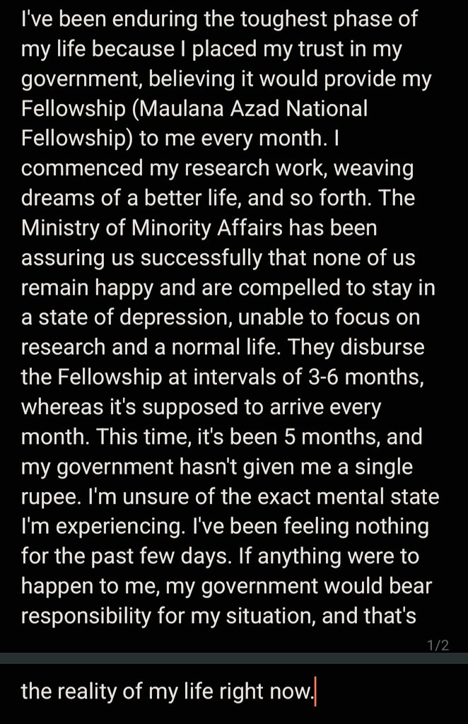 SaniPrince21's tweet photo. MANF scholars are trapped in debt as a result of irregular stipend payments. It's 5 months without a single penny. @MOMAIndia Pls feel the scream of the researchers.
@ravishndtv @zoo_bear @Pun_Starr @RoflGandhi_ @Cryptic_Miind @niiravmodi @ajitanjum @ANI

#ReleaseMANFwithArrears https://t.co/PvNvULCl41