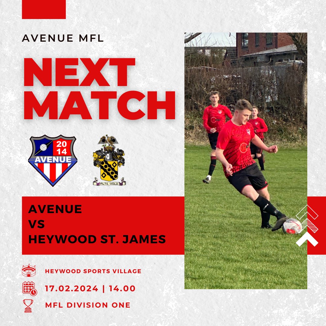 Avenue are back in league action this week as they take on neighbours Heywood St. James in an @THEMCRFL Division One Clash. 🔴⚫️🔵