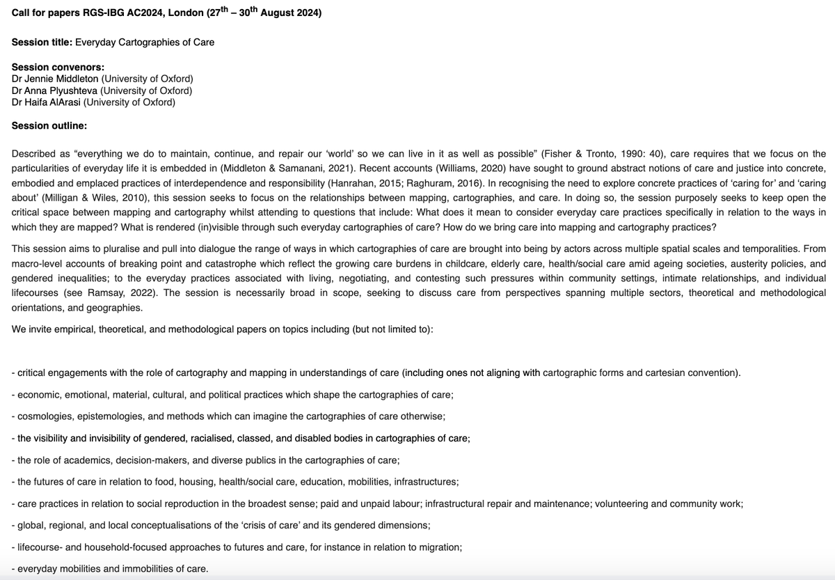 #CfP <a href="/RGS_IBG/">Royal Geographical Society (with IBG)</a> 2024: "What does it mean to consider everyday care practices specifically in relation to the ways in which they are mapped? What is rendered (in)visible through such everyday cartographies of care? How do we bring care into mapping and cartography practices?"