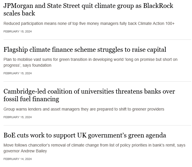 Four headlines about the #greentransition in the @FT in the same day. No matter how urgent it becomes, finance does not commit itself to acting on avoiding #climatechange. Don't they realize it's irreversible?