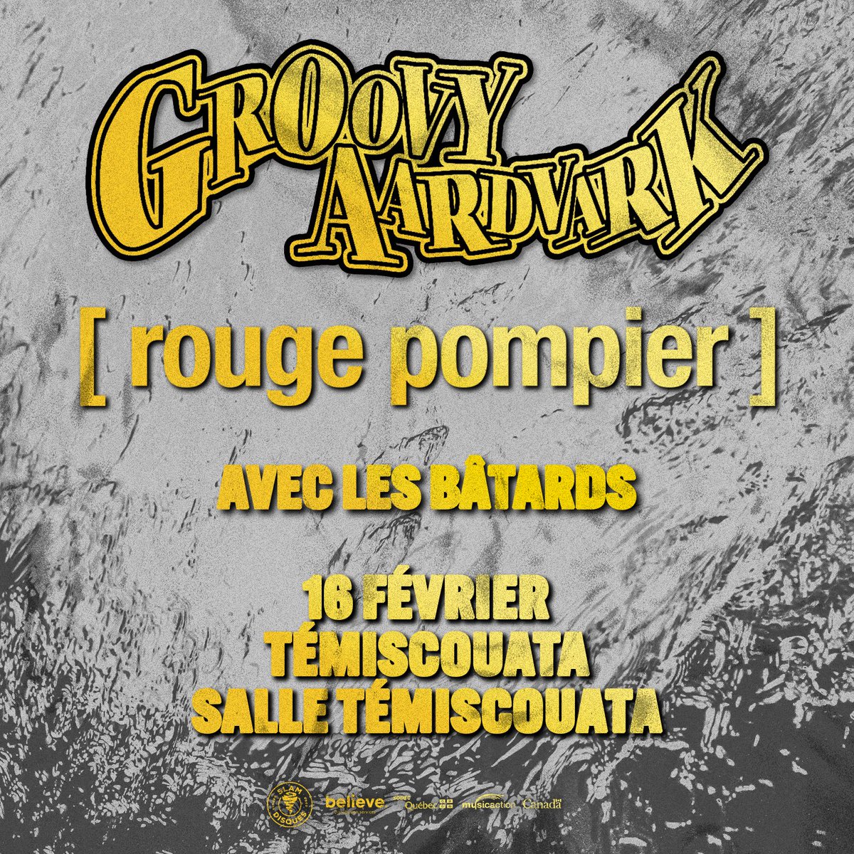 <a href="/exitstagedive/">Groovy Aardvark</a> <a href="/rougepompier/">Rouge Pompier</a> ce soir à la Salle Témiscouata pour la toute première fois 🛸🐎 

La salle est all ages, le show start à 19h avec Les Bâtards en 1ere partie donc arrive tôt !!!

Reste encore quelques billets ici : 
checkout.square.site/buy/T2SNSWWWPL…