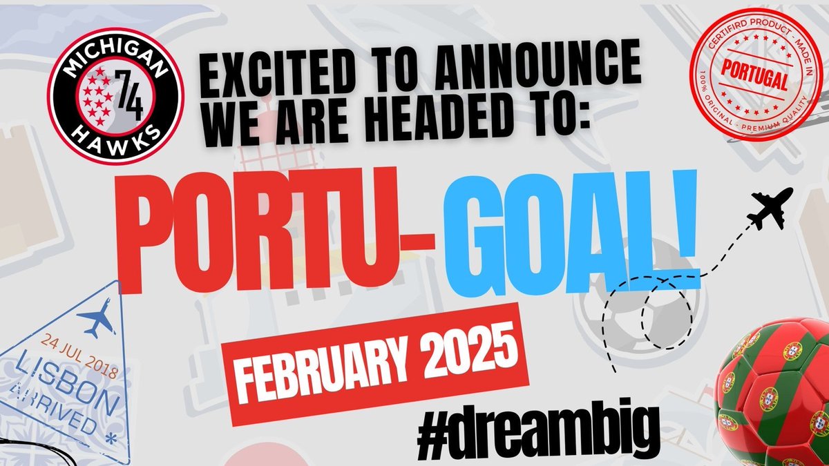 Michigan Hawks (@mihawks1974) on Twitter photo Exciting news! In 2025, Michigan Hawks '08 & '09 age groups head to Portugal! Training with SL Benfica & FC Porto coaches, stadium tours, pro matches, & local competition await. Inspiring our players to dream big, achieve more! #DreamBig #MichiganHawks <a href="/adidassoccer/">adidas Soccer</a> Exciting news! In 2025, Michigan Hawks '08 & '09 age groups head to Portugal! Training with SL Benfica & FC Porto coaches, stadium tours, pro matches, & local competition await. Inspiring our players to dream big, achieve more! #DreamBig #MichiganHawks <a href="/adidassoccer/">adidas Soccer</a>