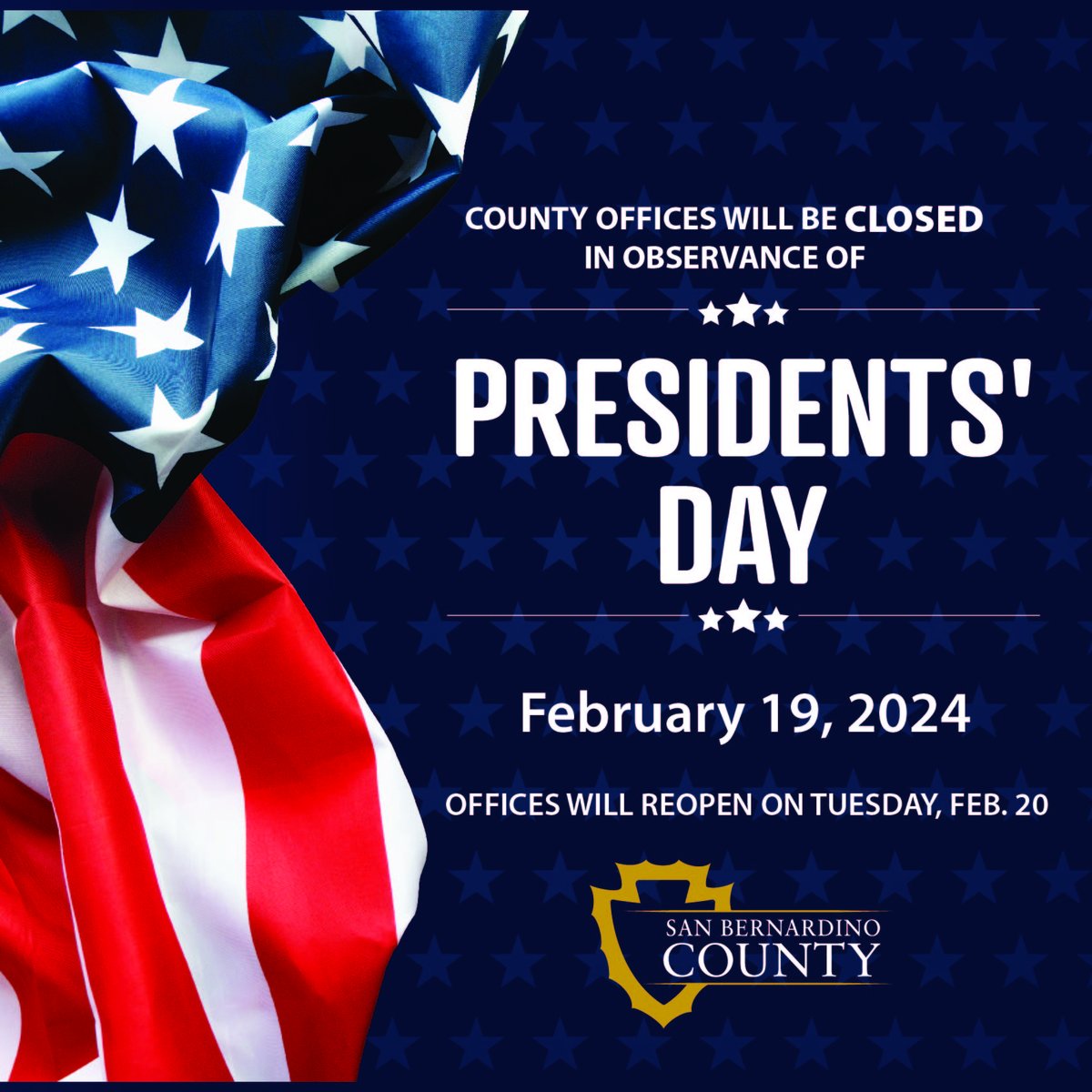 SBCoDCSS's tweet photo. Child Support Services offices will be closed February 19, 2024. Offices will reopen on Tuesday, February 20th. #inlandempire #highdesert https://t.co/0EGXcdFVLb