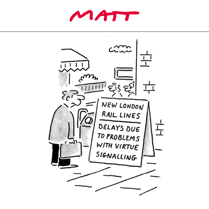 'New London rail lines: Delays due to problems with virtue signalling'

My latest cartoon for tomorrow's <a href="/Telegraph/">The Telegraph</a>

Buy a print of my cartoons at telegraph.co.uk/mattprints

Original artwork from chrisbeetles.com