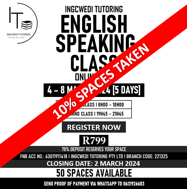 NjabuloNkabin15's tweet photo. 10% SPACES TAKEN! 🕺🏽🕺🏽🕺🏽
English Speaking Class 🔥😍🙏🏽
4 to 8 March 2024 🤸🏾♂️🤸🏾♂️🤸🏾♂️🔥❤😍
Register now!!!!! 🔥❤😍❤🕺🏽🔥🙌🏽
@Ingcwedi Tutoring
#englishspeakingclass
#ESC1 https://t.co/V6hFEsxtnx