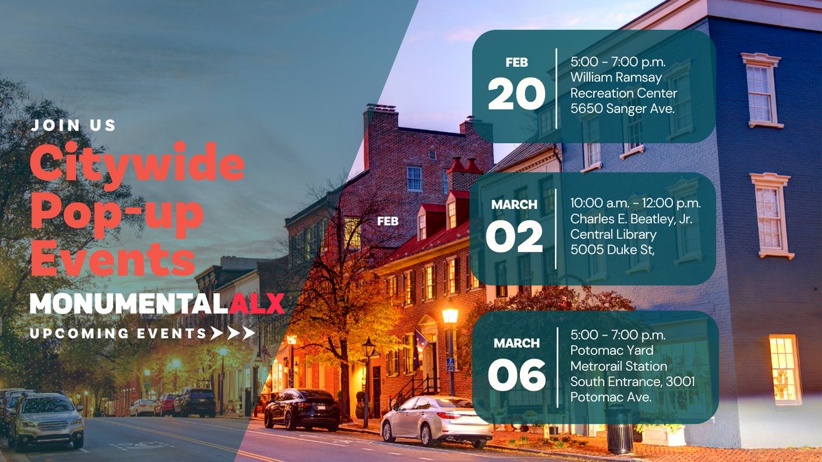 AlexandriaEcon's tweet photo. UPDATE: Presenting the new @AlexandriaVAGov pop-up schedule for #MonumentalALX. Join us to learn more about the proposed project and get your questions answered ⚡️ 
 
 💥 February 20 @ 5:00 pm - 7:00 pm
 💥 March 2 @ 10:00 am - 12:00 pm
 💥 March 6 @ 5:00 pm - 7:00 pm https://t.co/QI0dLdYfKB