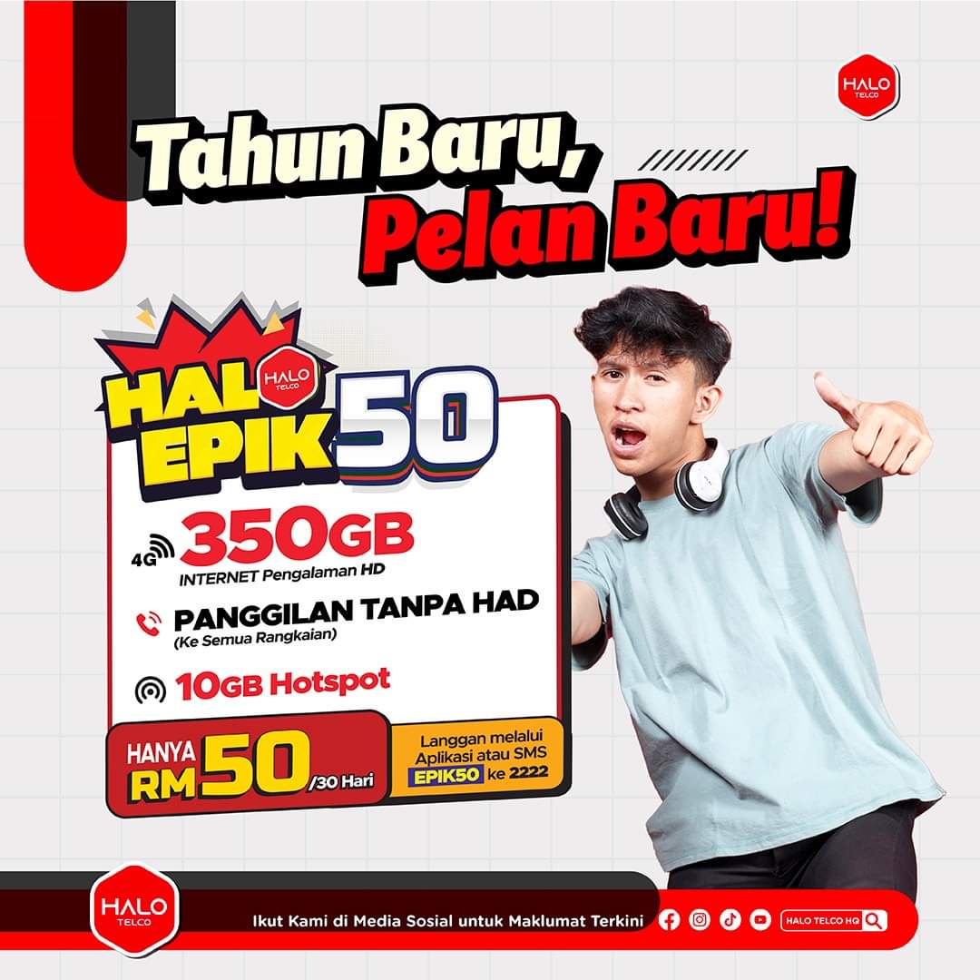 onextelco's tweet photo. 𝐓𝐚𝐡𝐮𝐧 𝐁𝐚𝐫𝐮, 𝐏𝐞𝐥𝐚𝐧 𝐁𝐚𝐫𝐮! ✨
Nak power up kan lagi semangat tahun baharu anda? 🥳 Semestinya dengan pelan HaloEpik50! 
✅ 350GB sebulan 
✅ Panggilan tanpa had 
✅ Percuma Zurich General Takaful &amp; Khairat Kematian 
#halotelcokualapilah  #haloepik50 https://t.co/cdXa25fdrs