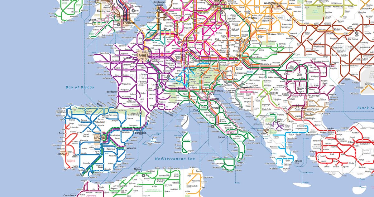 Hará un par de años, el ilustrador Zhaoxu Sui dibujó un mapa de las principales líneas de ferrocarril del mundo como si fuera un mapa de metro, con sus transbordos y todo. Un mapa topológico. Aquí, descargable a nivel mundial: zhaoxusui.github.io/Earth_Transit.…