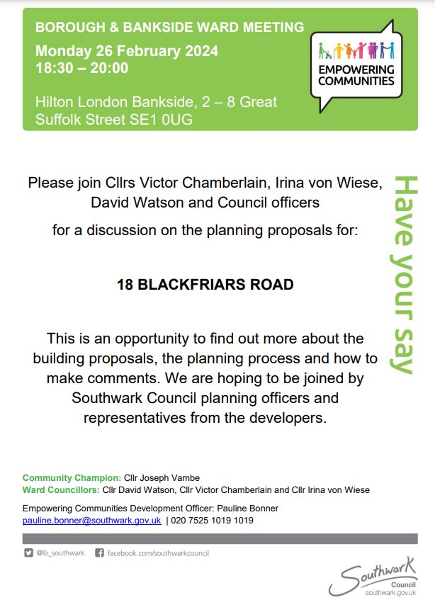 VMMChamberlain's tweet photo. Please join us at our next #Borough #Bankside ward forum about the 18 Blackfriars Road development. 

26 February 18:30 – 20:00
Hilton London Bankside @HiltonBankside 

Find out more about the proposals, the planning process and how to share your views.

https://t.co/Lz0ZXa2KfL https://t.co/dIN9pBjzvO
