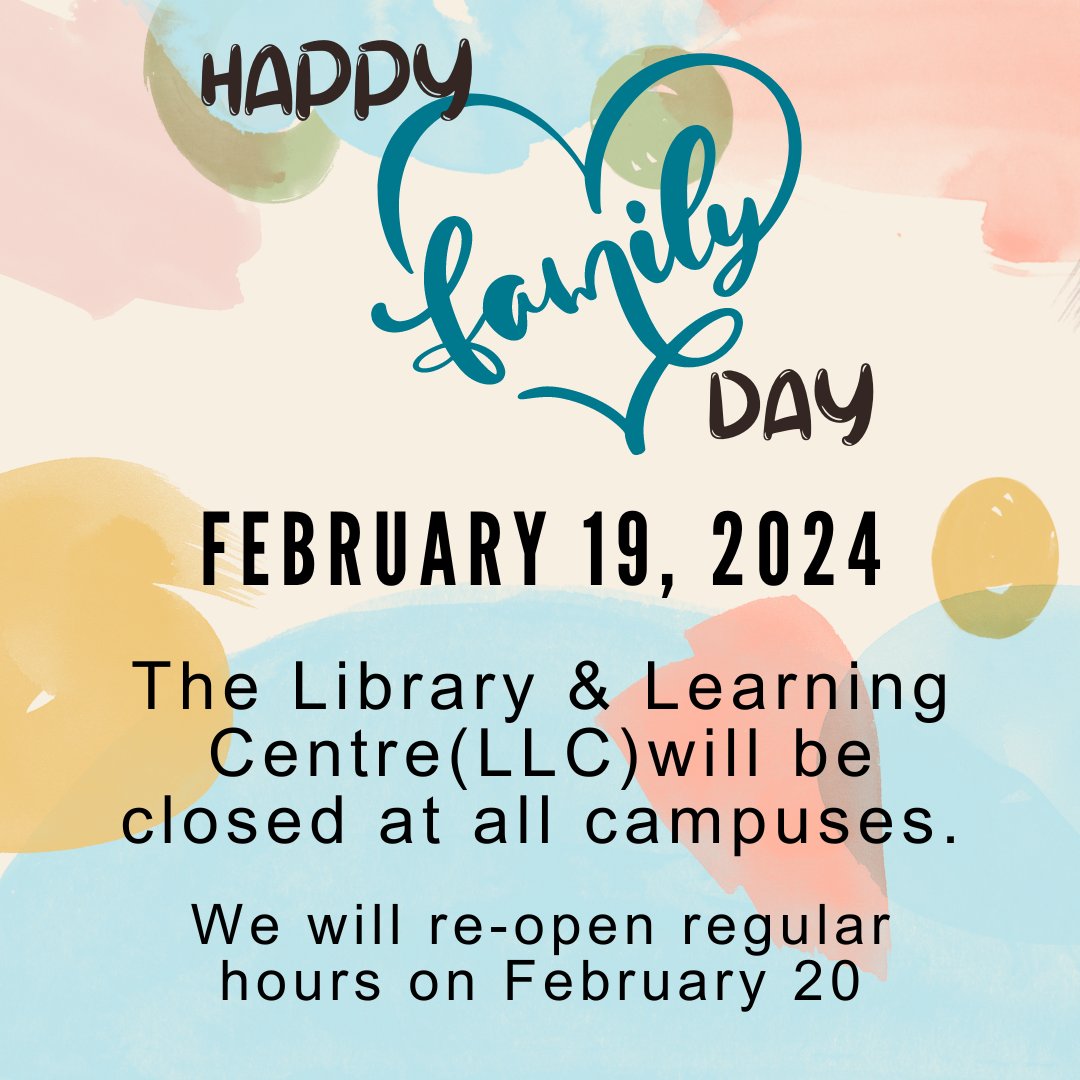 The LLC will be closed on Monday February 19th for the #familyday2024 holiday. We will reopen and resume our regular hours on Tuesday February 20th at 8am. Have a lovely long weekend!
 
 Access our online resources 24/7 from our website: library.centennialcollege.ca

#longweekend